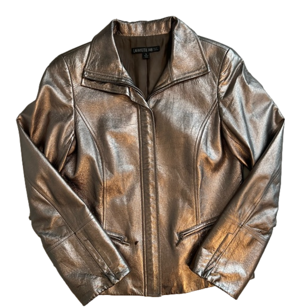 Lafayette 148 metallic burnished gold leather jacket, EUC, flaws as noted, sz 6